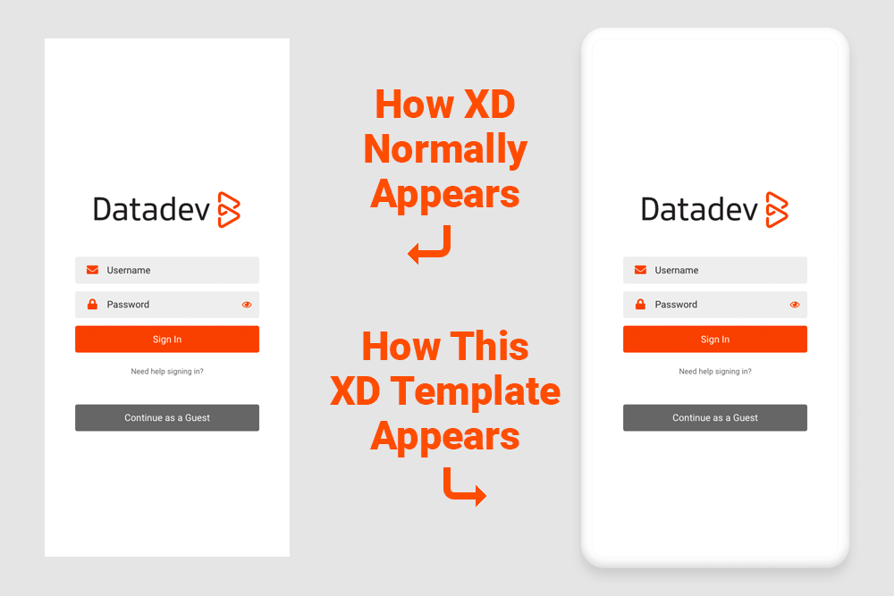Comparison of Standard Adobe XD Presentation and Custom Adobe XD Phone Mockup Image of two smartphone Adobe XD mockups