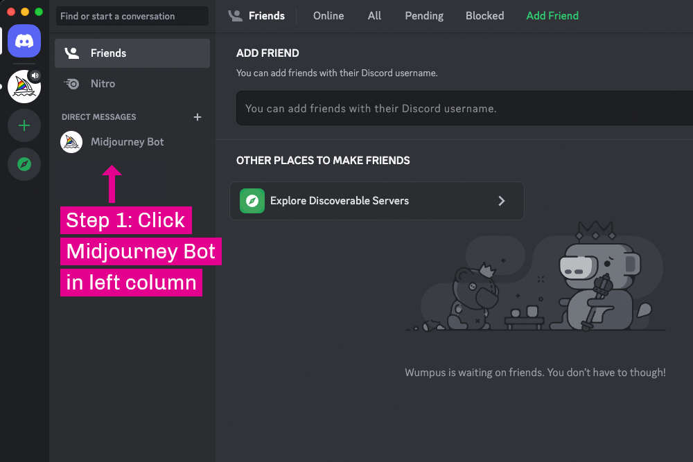 Midjourney interface showing how to select Midjourney Bot