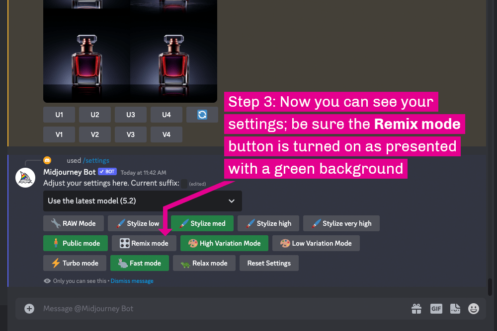 Midjourney settings showing Remix mode button