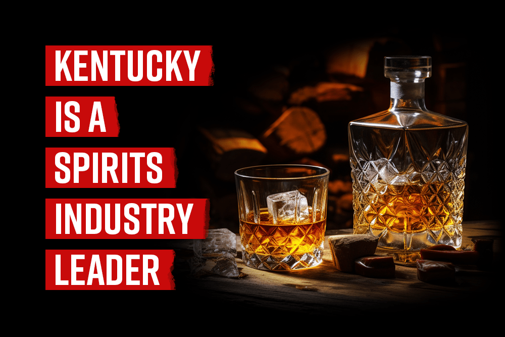 Bourbon glass with text saying Kentucky is a spirits industry leader