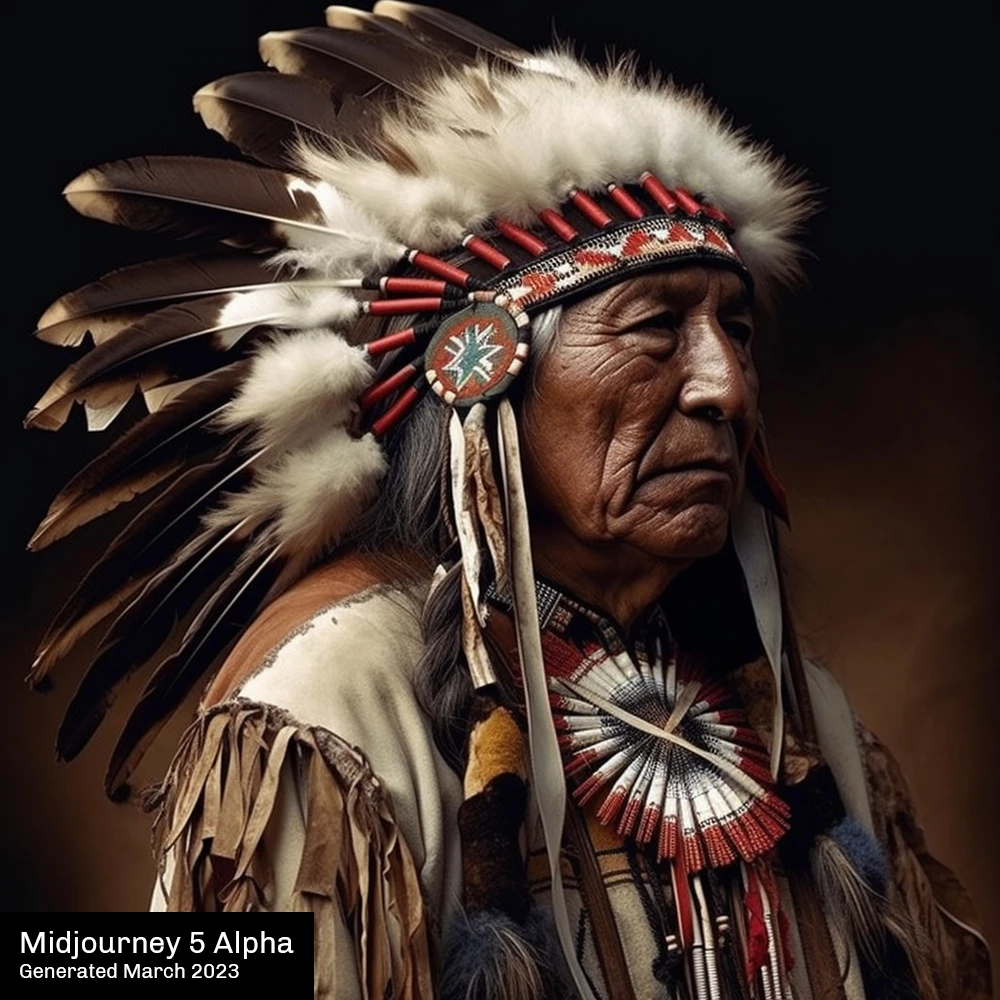 Image of Sioux chief generated by Midjourney versioin 5 alpha