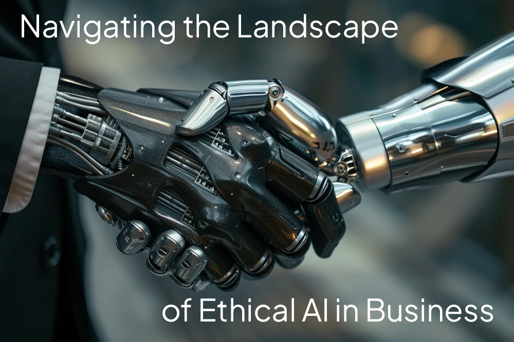 Two androids in business suits shaking hands