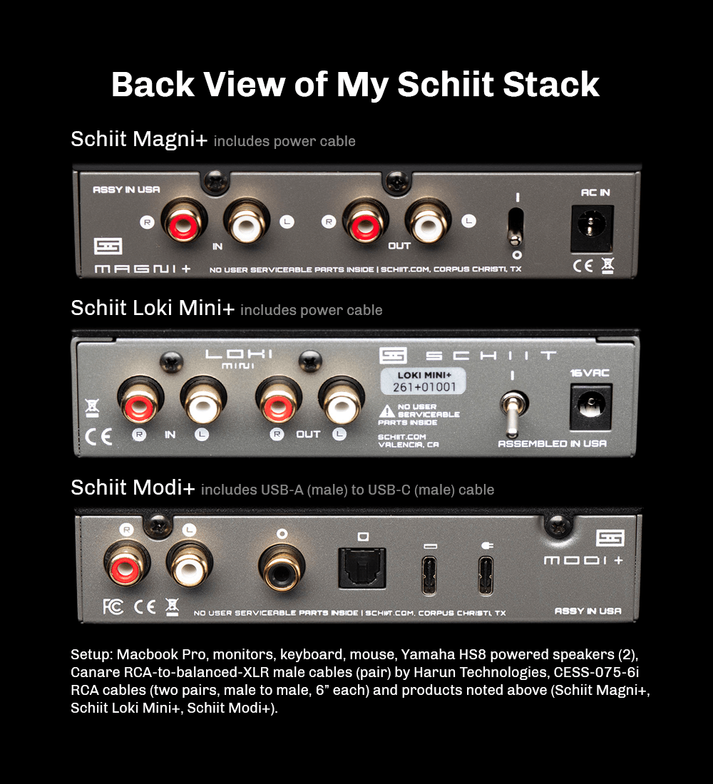 Rear view of Schiit Magni+, Schiit Loki Mini+, and Schiit Modi+