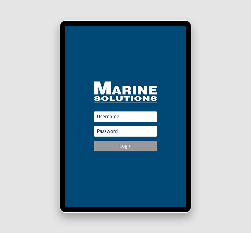 Marine Solutions inspection app login screen shown on a tablet