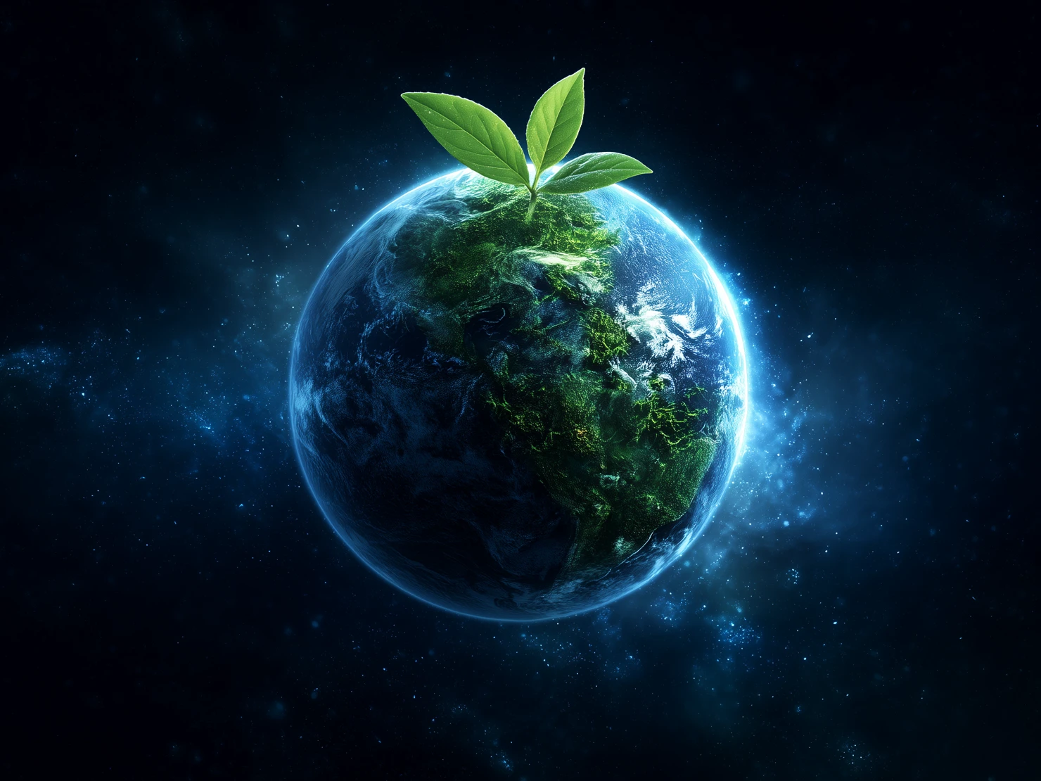 AI Image Showing the Benefits of Streamline’s Remote Work System Earth with a plant growing out of it floating in space