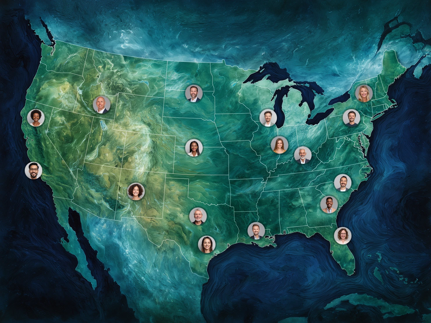 AI Image Showing How Streamline Works Remotely Map of USA with headshots in various locations