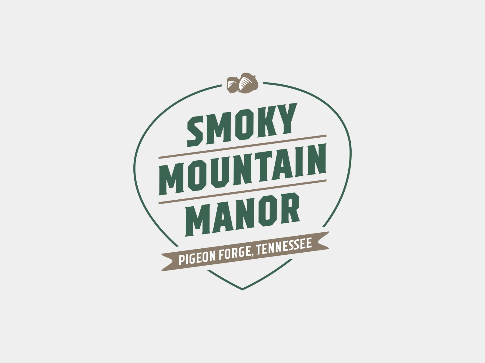 Smoky Mountain Manor text and a graphic of two acorns by graphic designer, Meg Heaton